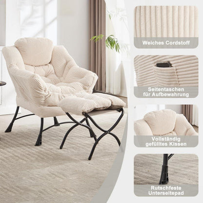 Moderner Ohrensessel mit Hocker | Cord Weiß | Bequemer Loungesessel