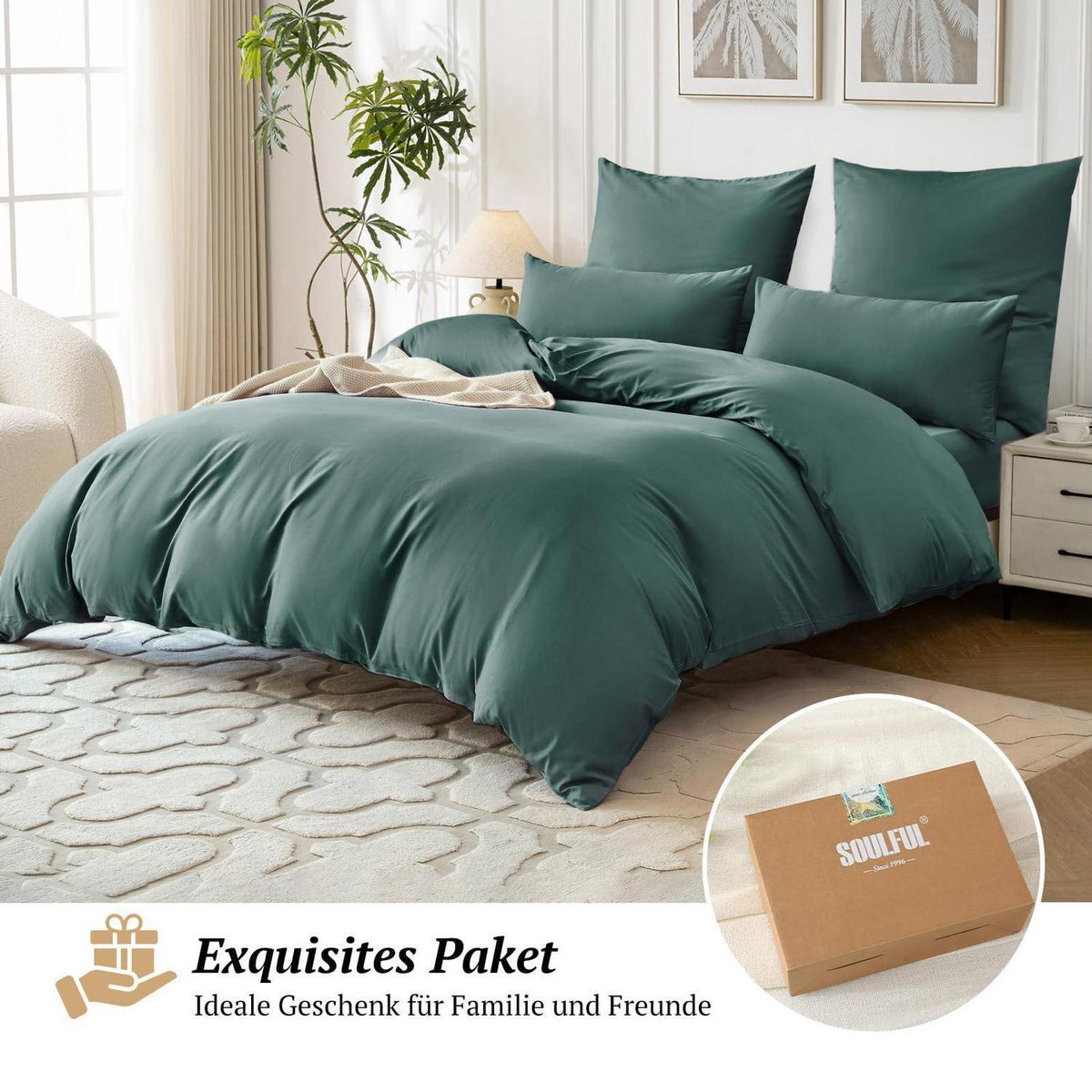 Satin Bettwäsche Set 220x240 Dunkelgrün, 3-teilig, Baumwolle