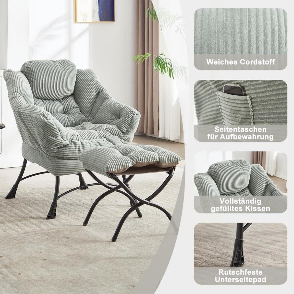 Moderner Ohrensessel mit Hocker – Cord Lounge Sessel Hellgrau/Grün