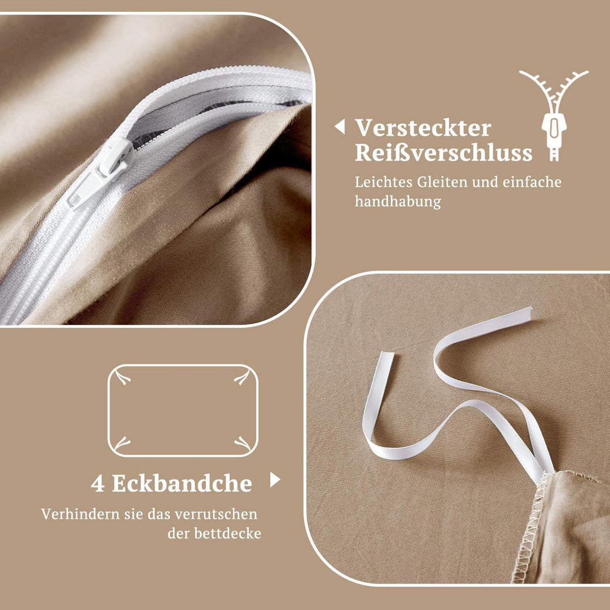 Satin Bettwäsche Set 135x200 Baumwolle 4tlg. Hellgoldbraun