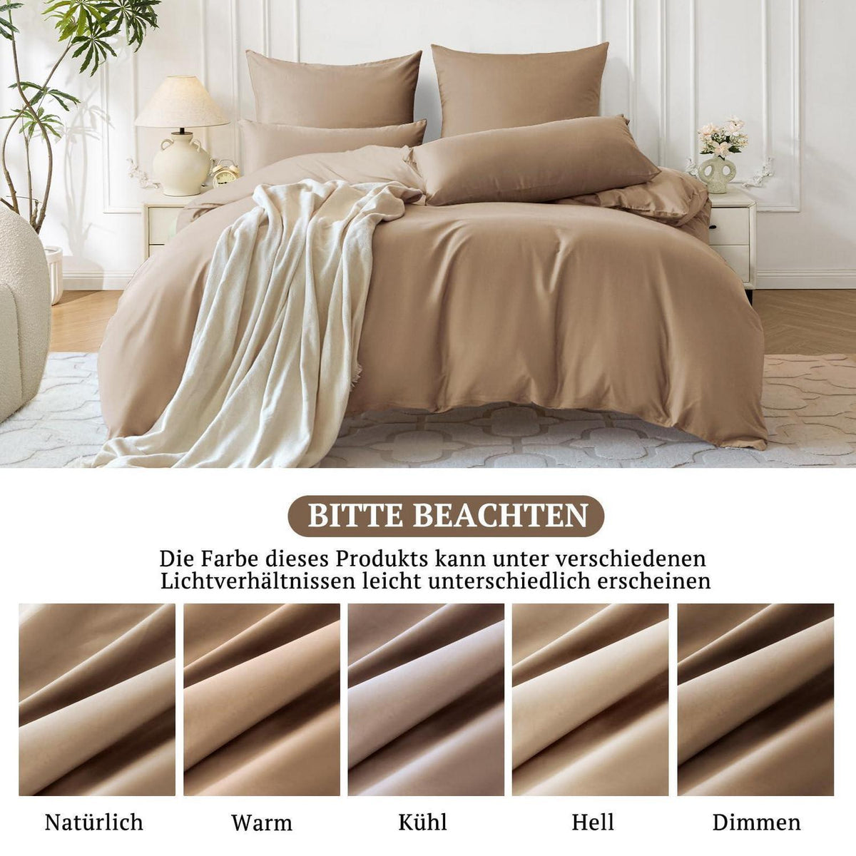 Satin Bettwäsche Set 135x200 Baumwolle 4tlg. Hellgoldbraun