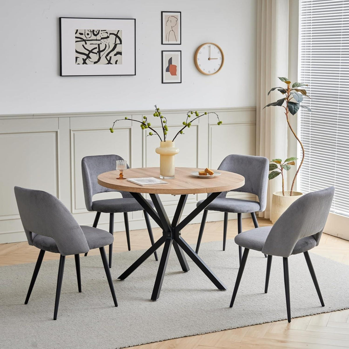 Runder Esstisch Set mit 4 Cord-Stühlen – Modernes Esszimmer Set