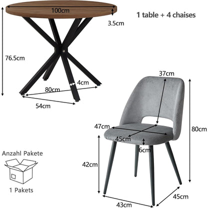 Runder Esstisch Set mit 4 Cord-Stühlen – Modernes Esszimmer Set