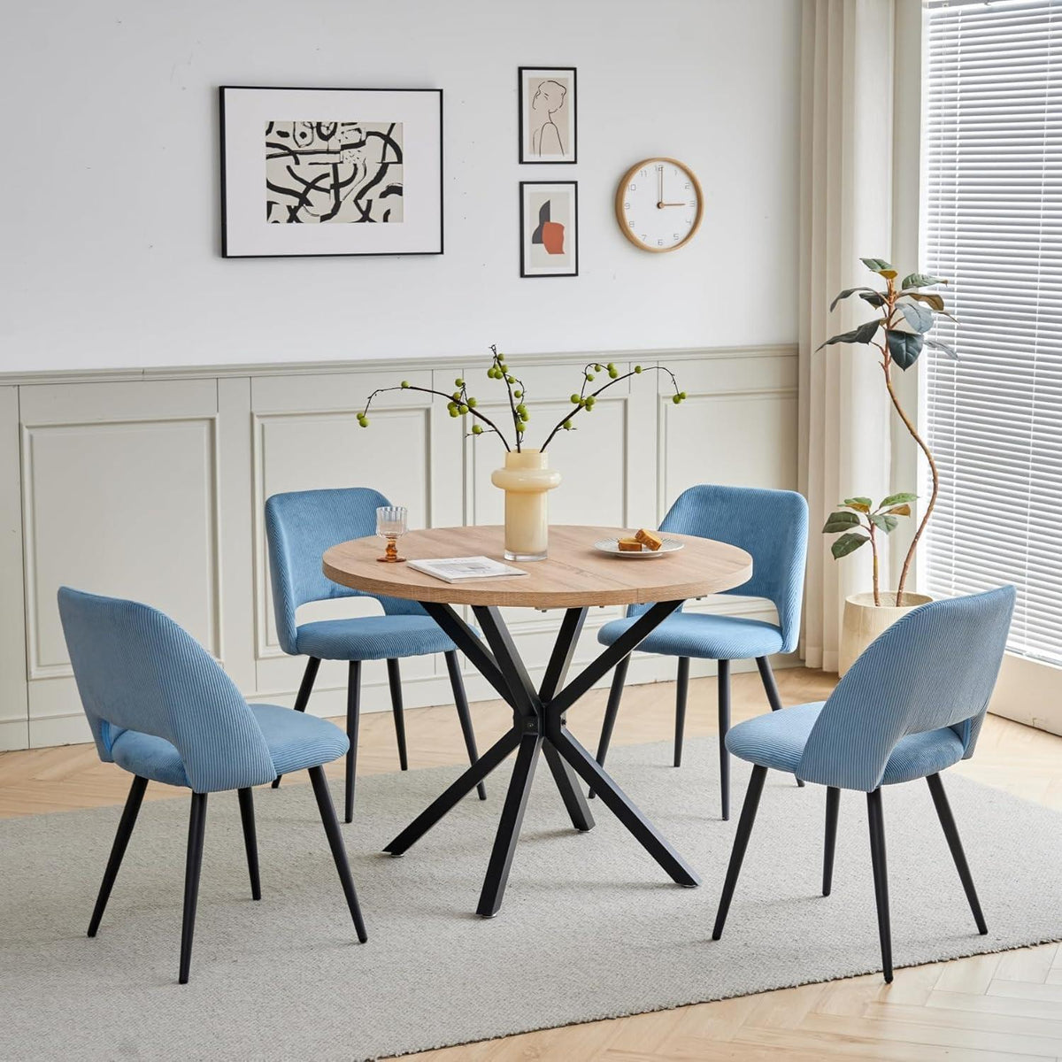 Runder Esstisch Set mit 4 Cord-Stühlen – Modern & Komfortabel