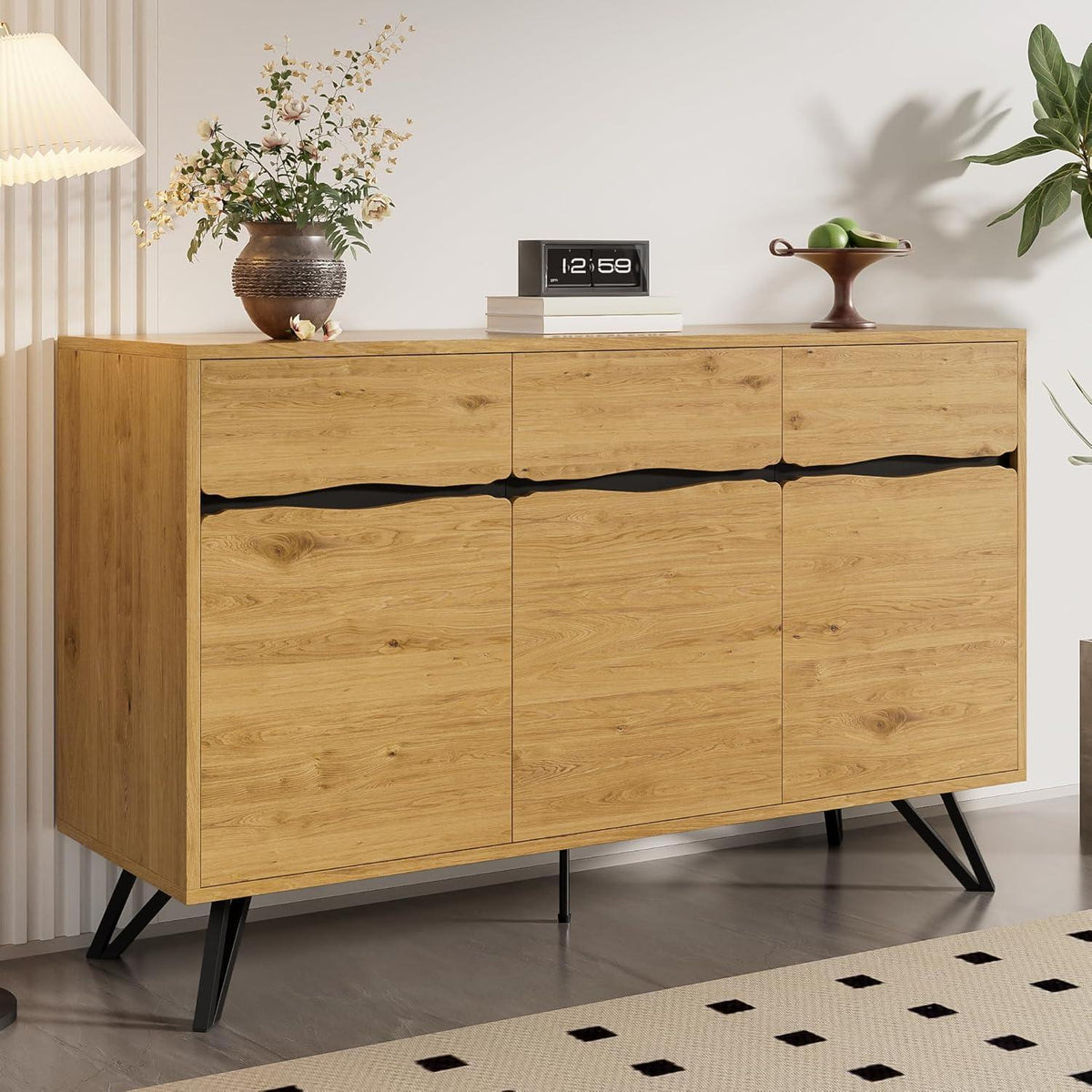 3-Türige Kommode Holzoptik mit Metallfüßen – Schmaler Flur- oder Wohnzimmerschrank