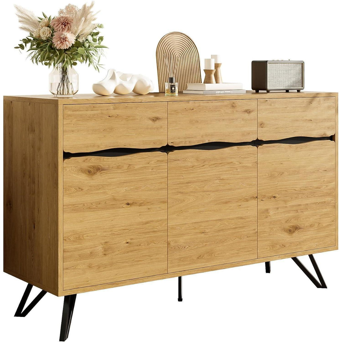 3-Türige Kommode Holzoptik mit Metallfüßen – Schmaler Flur- oder Wohnzimmerschrank