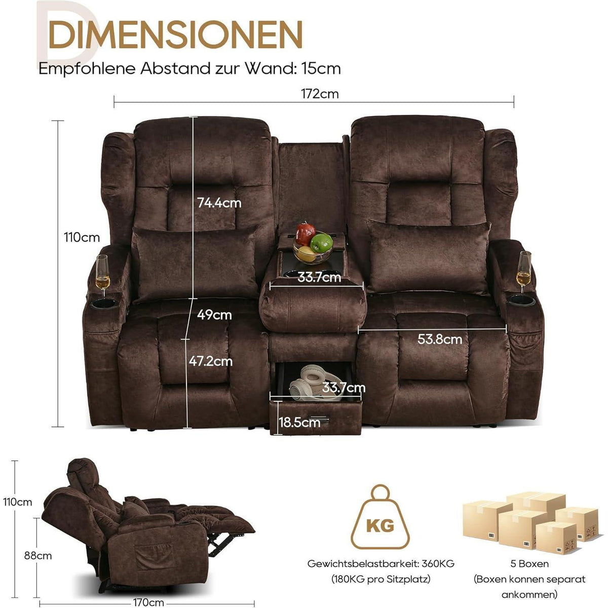 2er Relaxsessel mit Liegefunktion & Konsole, Braun