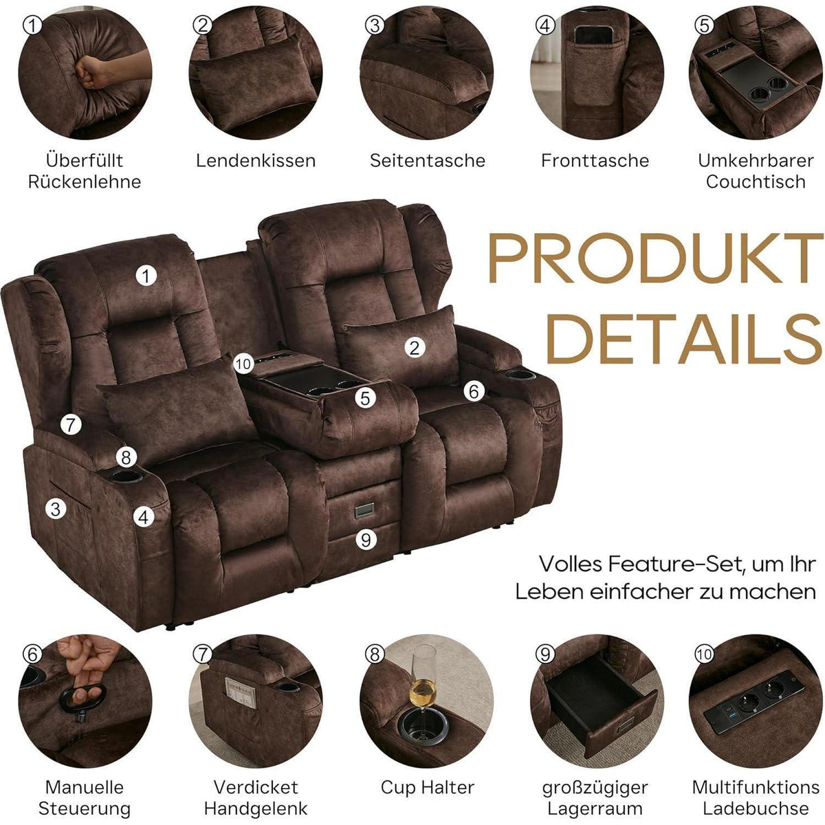 2er Relaxsessel mit Liegefunktion & Konsole, Braun
