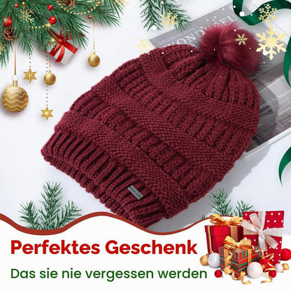 Damen Wintermütze aus 100% Wolle mit Kunstfell-Bommel und Satin-Futter