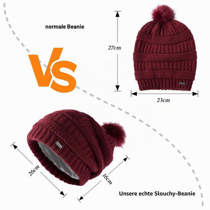 Damen Wintermütze aus 100% Wolle mit Kunstfell-Bommel und Satin-Futter