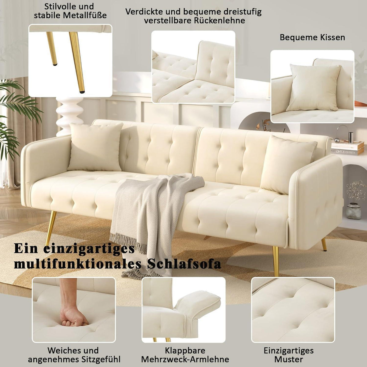 2-Sitzer Schlafsofa mit verstellbarer Rückenlehne (Beige)