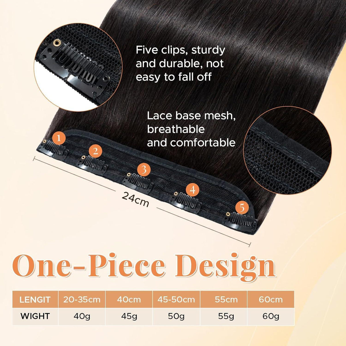 Echthaar Clip Ins – Natürliches Schwarz, 25cm, 40g