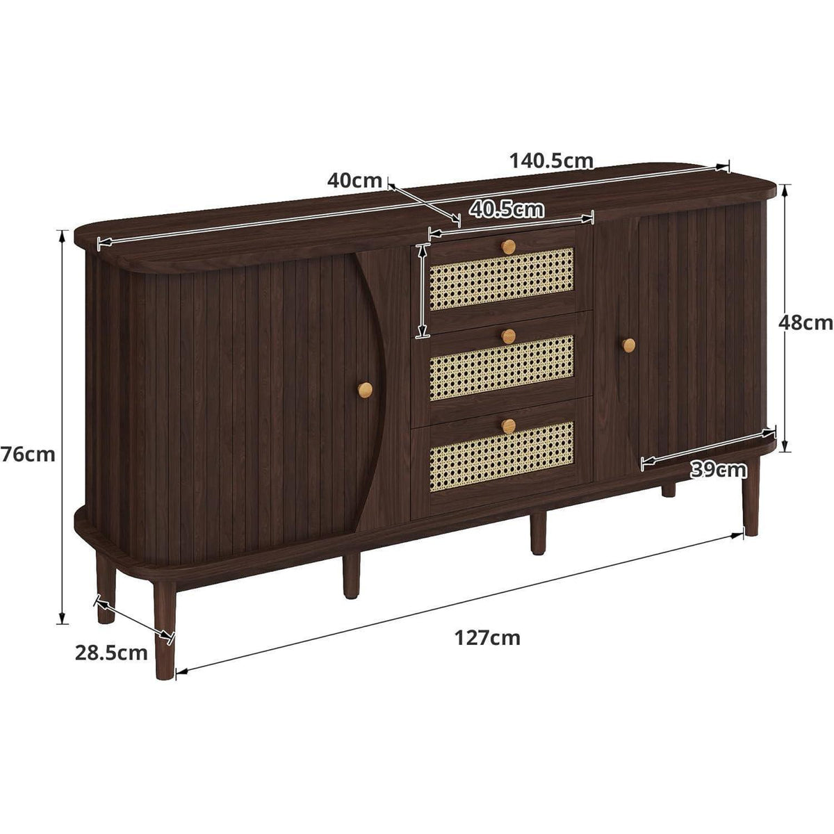 Vintage Kommode Braun 140cm – Sideboard Holz Rattan mit Schubladen