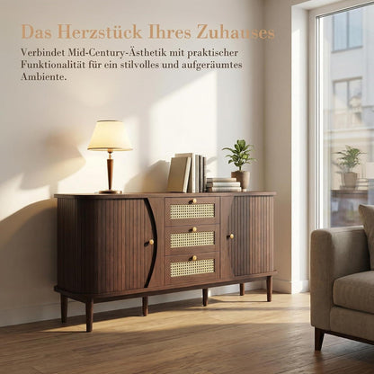 Vintage Kommode Braun 140cm – Sideboard Holz Rattan mit Schubladen