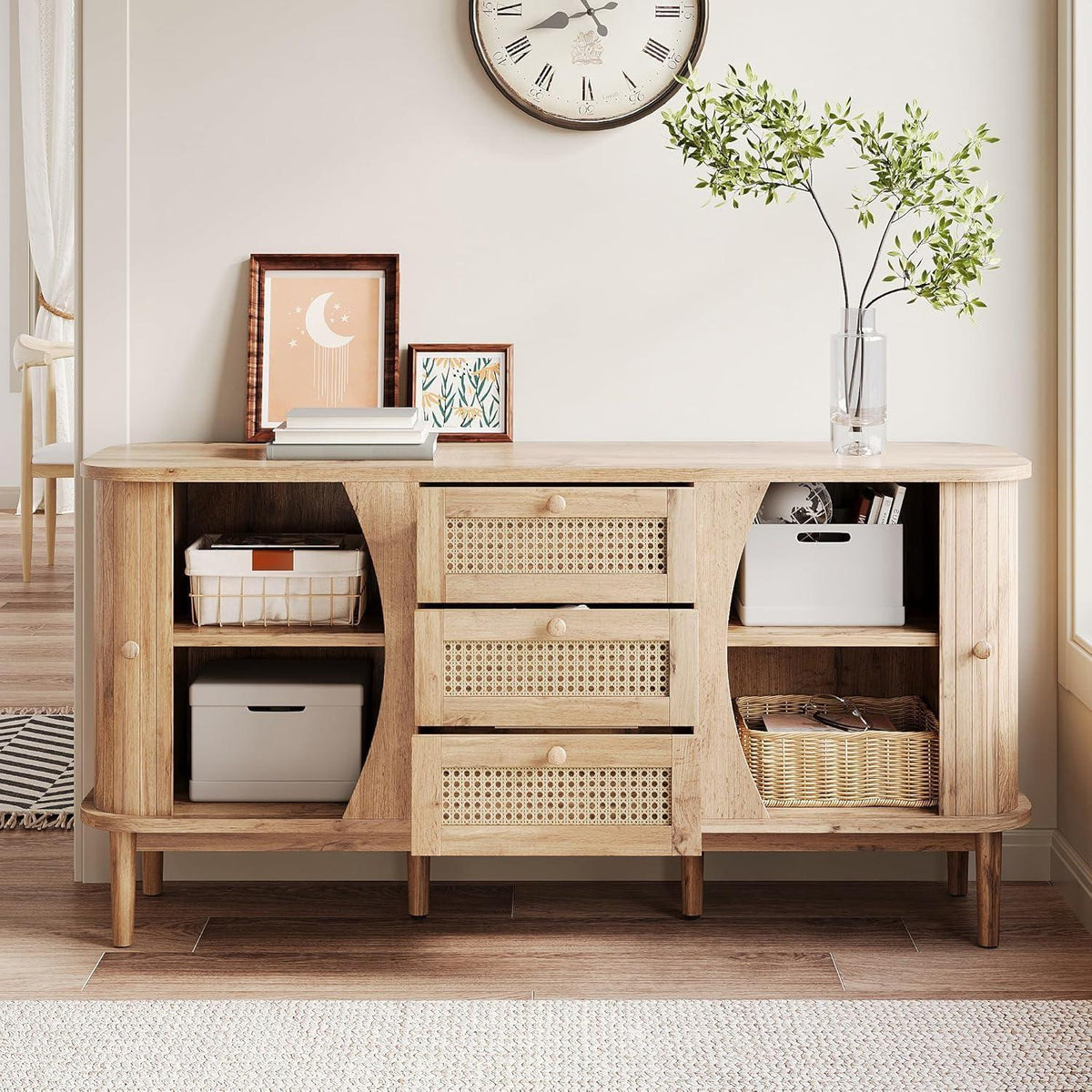 Schmale Kommode mit Rattan Schubladen & Türen – Multifunktions Sideboard