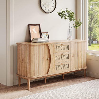 Schmale Kommode mit Rattan Schubladen & Türen – Multifunktions Sideboard