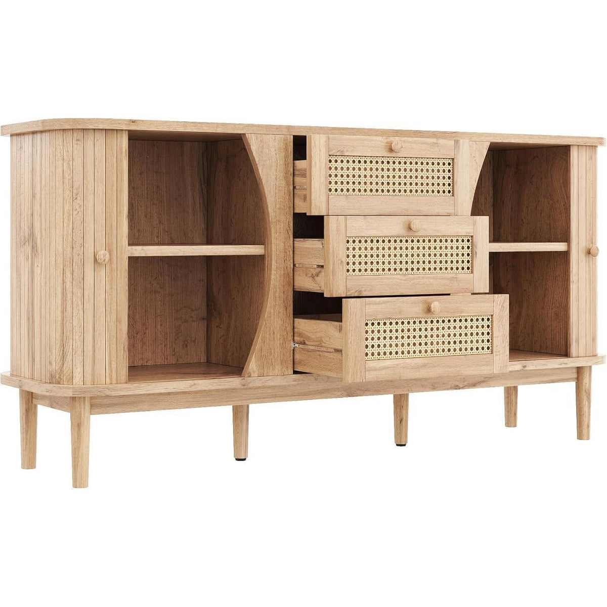 Schmale Kommode mit Rattan Schubladen & Türen – Multifunktions Sideboard