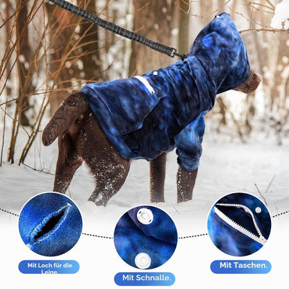 Warmer Hunde Hoodie Flanell mit Leinenloch & Tasche, Orange-Blau Medium