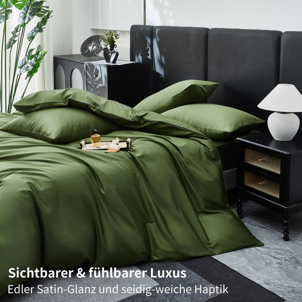 Mako Satin Bettwäsche Olivgrün 220x240 | 3-teilig & Kühlend