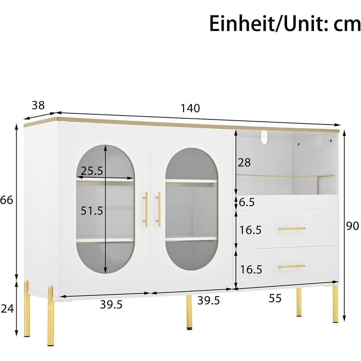 Modernes Sideboard Weiß & Gold mit 2 Schubladen & Glastüren