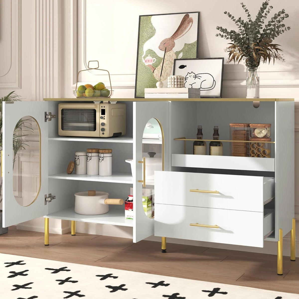 Modernes Sideboard Weiß & Gold mit 2 Schubladen & Glastüren