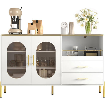 Modernes Sideboard Weiß & Gold mit 2 Schubladen & Glastüren