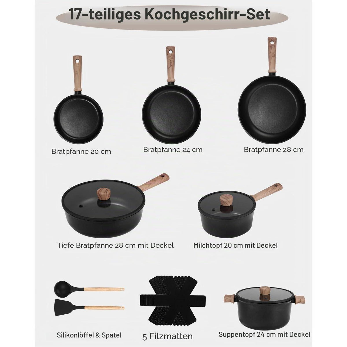 17-teiliges Topfset Induktion Titan-Keramik Antihaft Schwarz