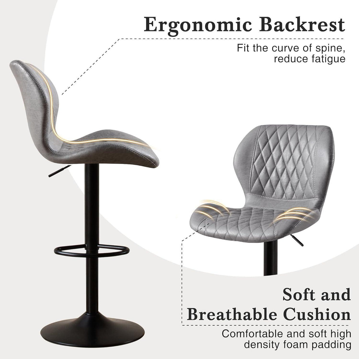 Barhocker mit Lehne, Höhenverstellbar, Grau, 3er Set