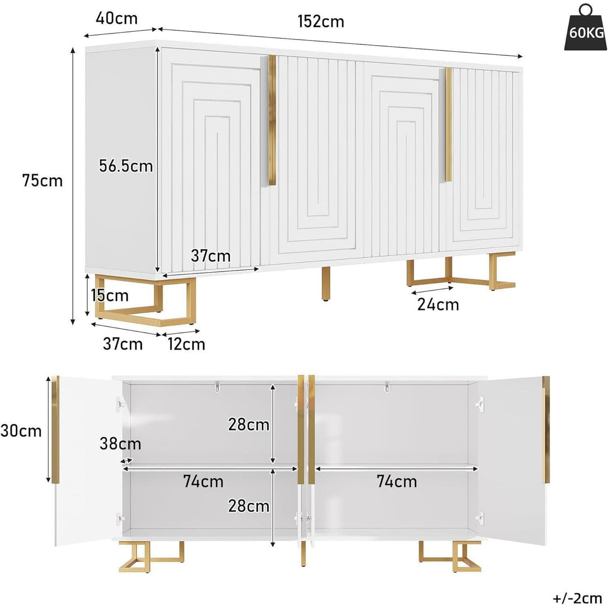 Geometrischer Schrank mit 2 Türen – Weiß, 152x40x75cm