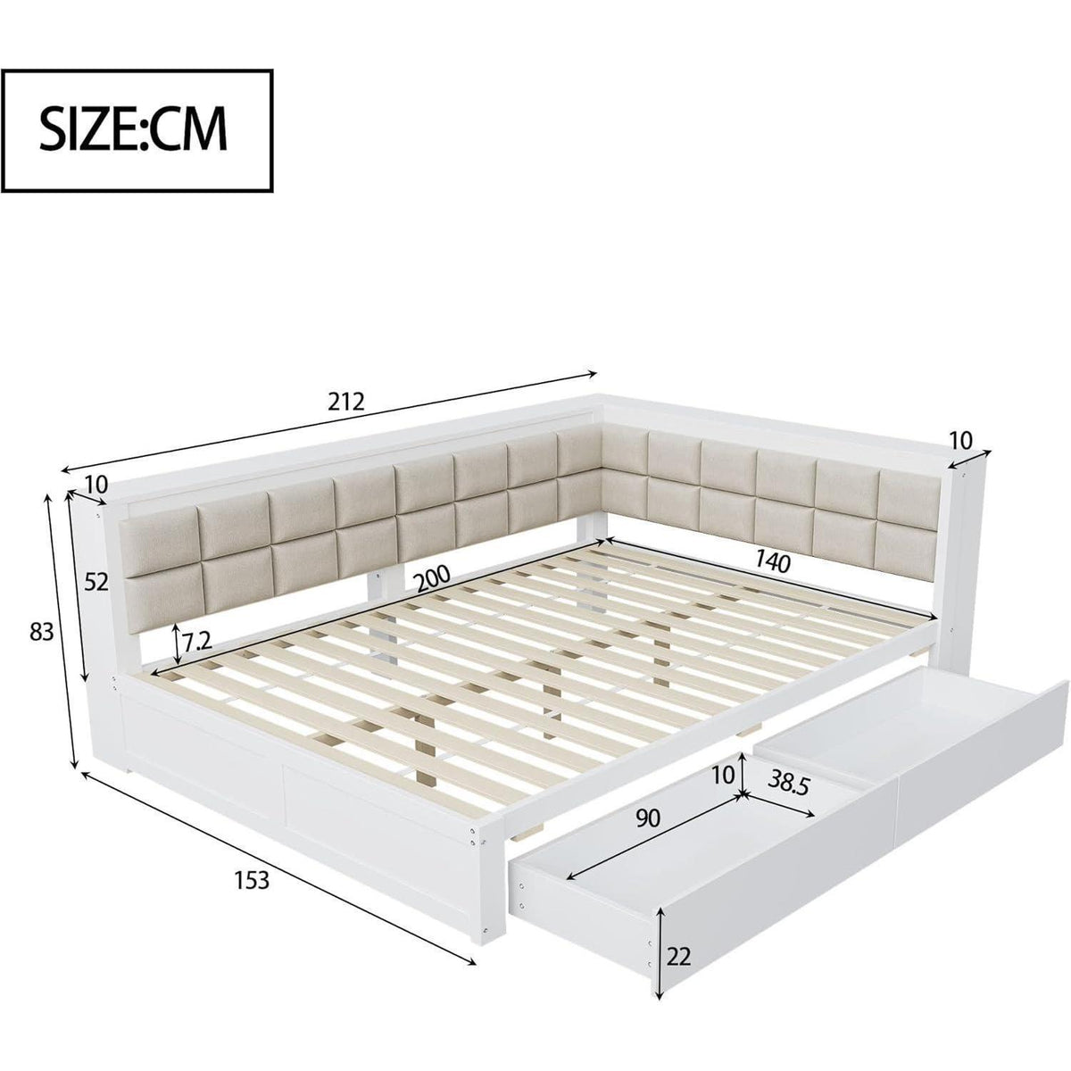 Holzbett 140x200 mit Stauraum & weicher Rückenlehne – Weiß