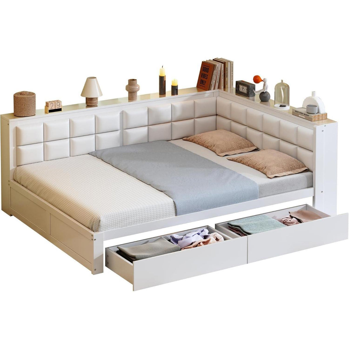 Holzbett 140x200 mit Stauraum & weicher Rückenlehne – Weiß