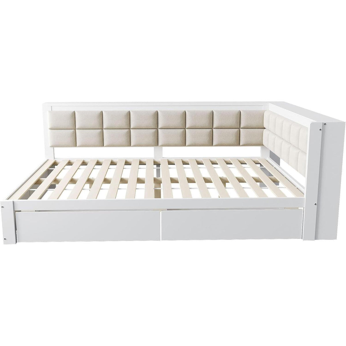 Holzbett 140x200 mit Stauraum & weicher Rückenlehne – Weiß