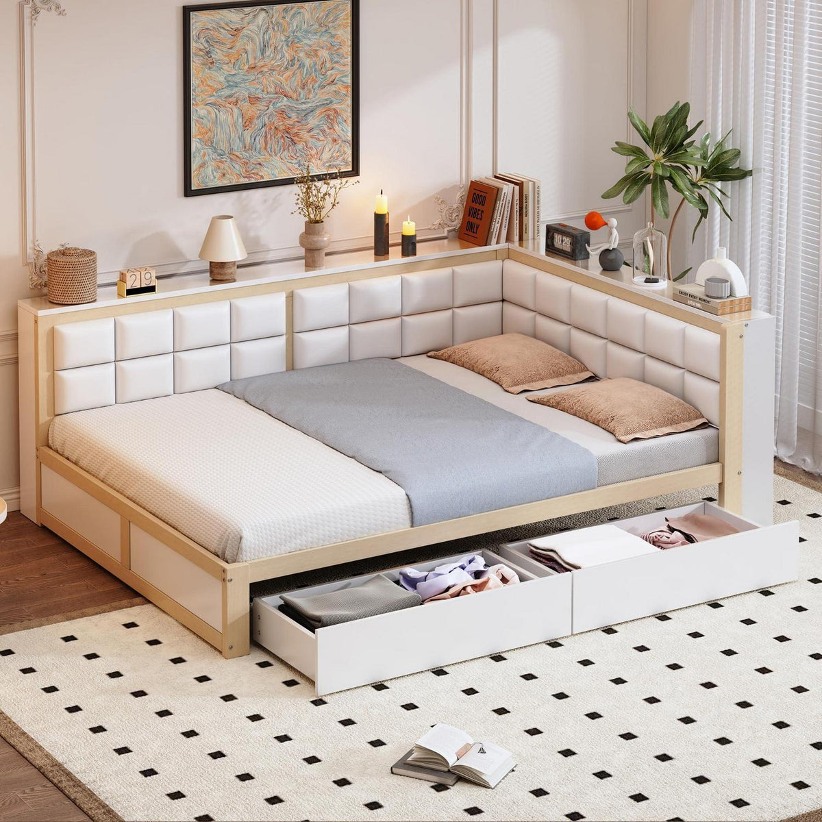 Holzbett 140x200 mit Stauraum & weicher Rückenlehne