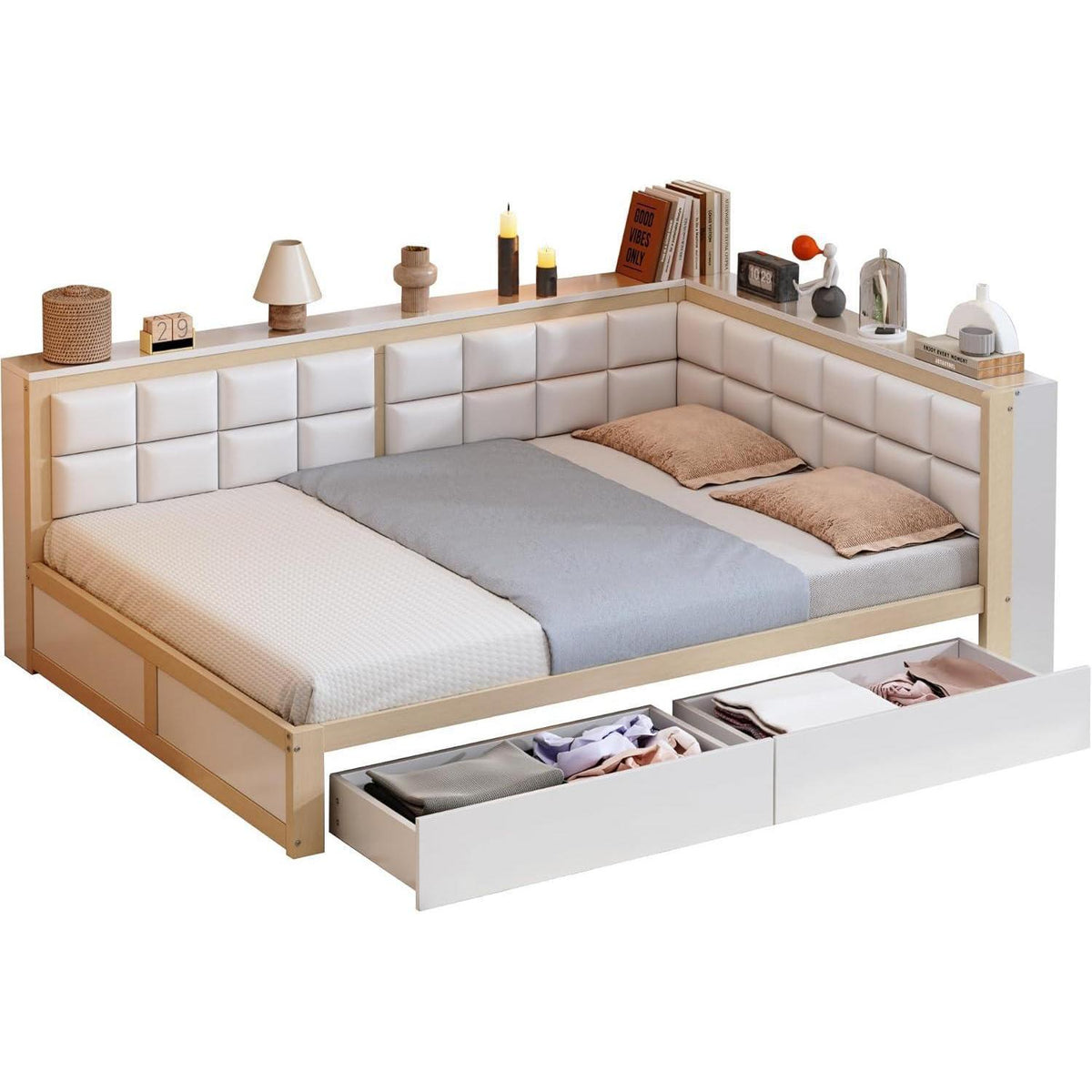 Holzbett 140x200 mit Stauraum & weicher Rückenlehne