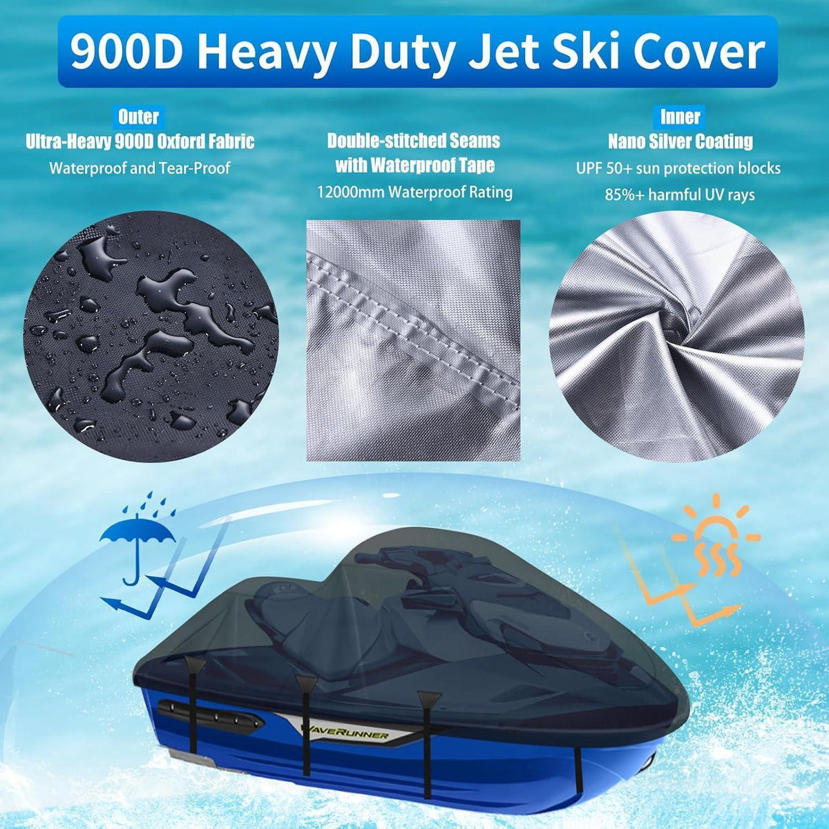 Jet Ski Abdeckung 900D Wasserdicht Schwarz 2XL (305-345cm)