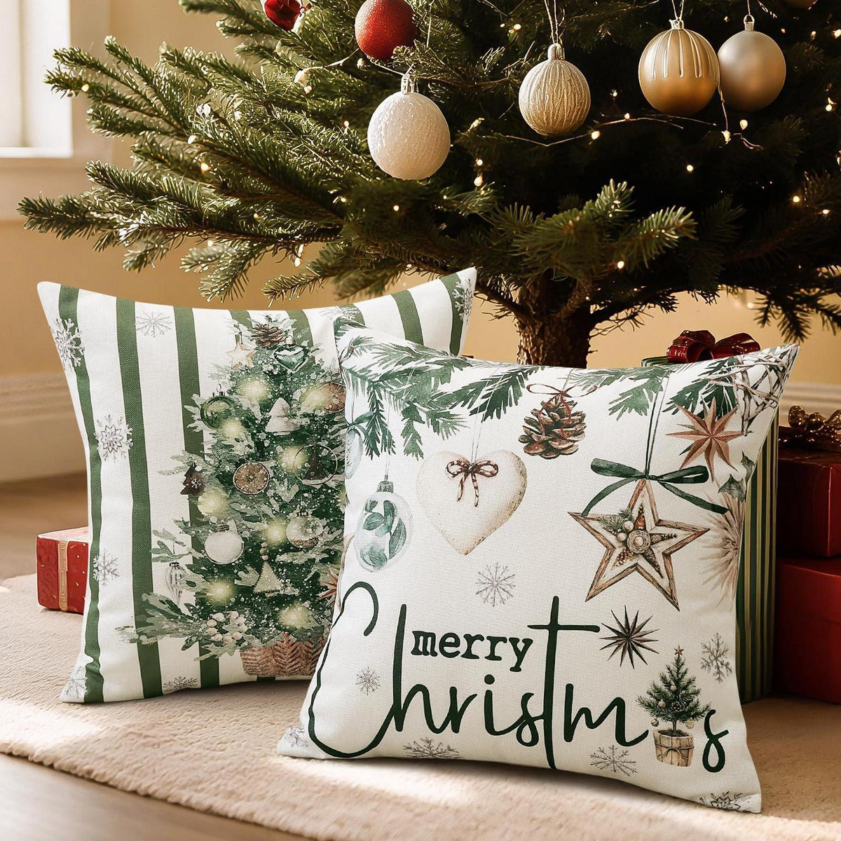 Weihnachtliche Kissenbezüge 4er Set, 45x45 cm, Schneemann Grün