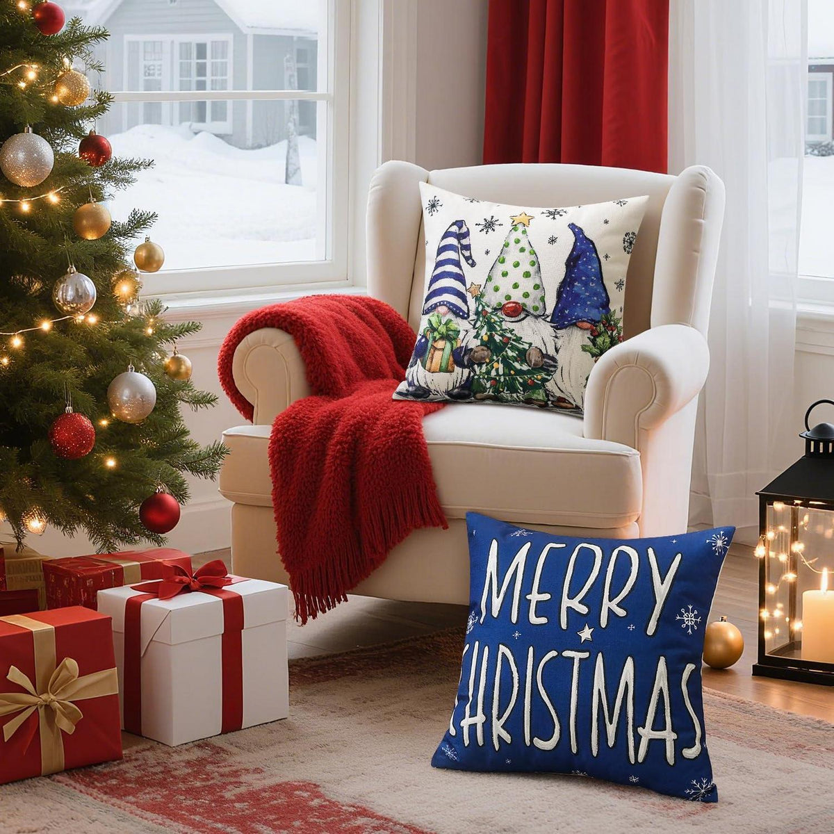 Weihnachtliche Kissenbezüge 4er Set – Zwerg & Weihnachtsbaum Dunkelblau
