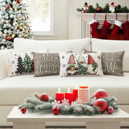 Weihnachtskissenbezüge 4er Set – Zwerg & Weihnachtsbaum Grau 30x50 cm