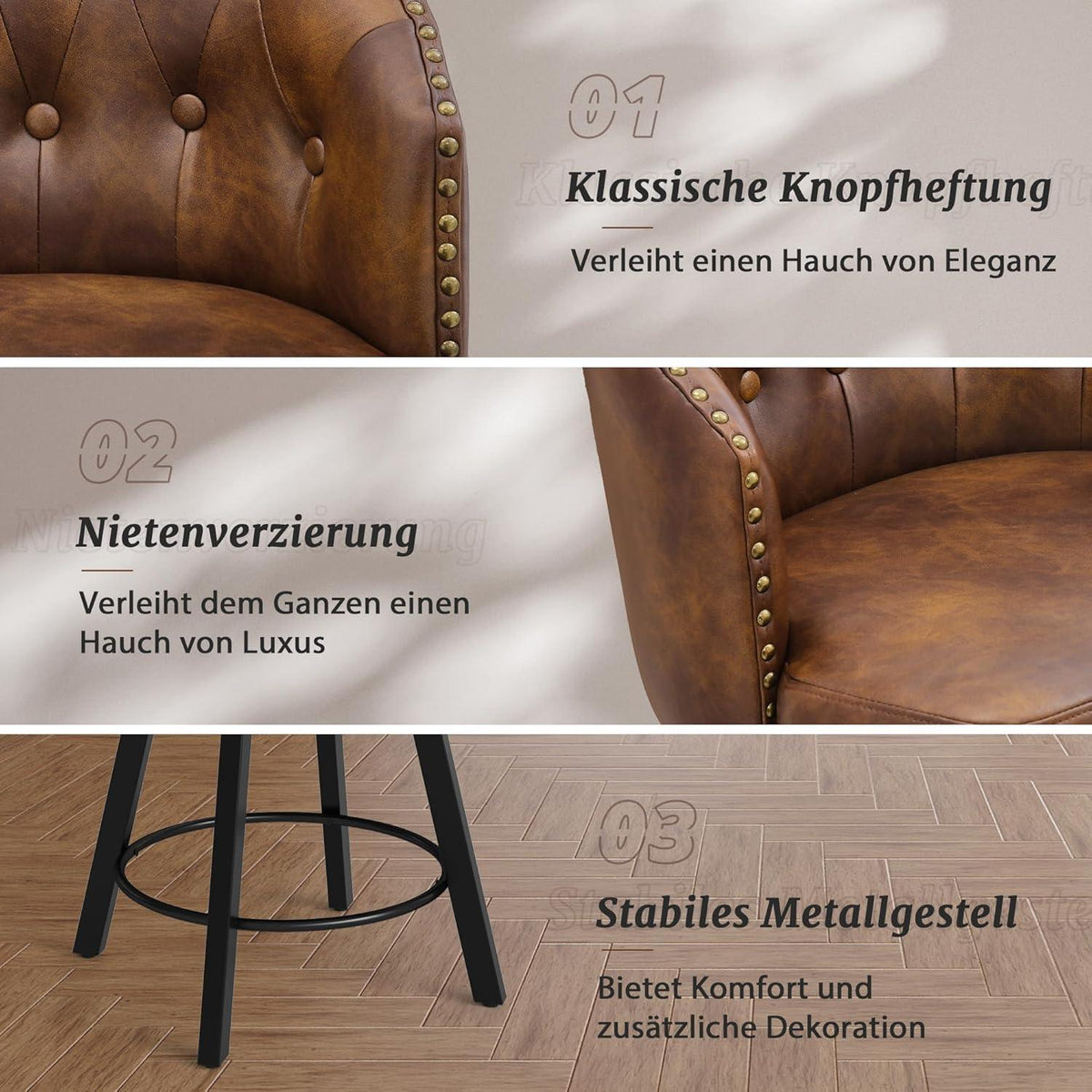 Drehbarer Barhocker mit Lehne – Braun, 65cm hoch