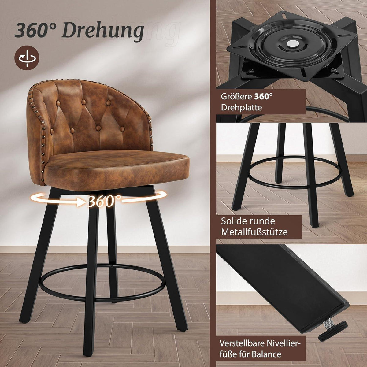 Drehbarer Barhocker mit Lehne – Braun, 65cm hoch
