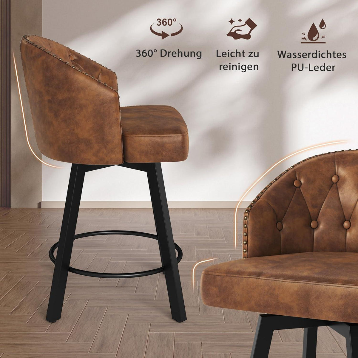 Drehbarer Barhocker mit Lehne – Braun, 65cm hoch