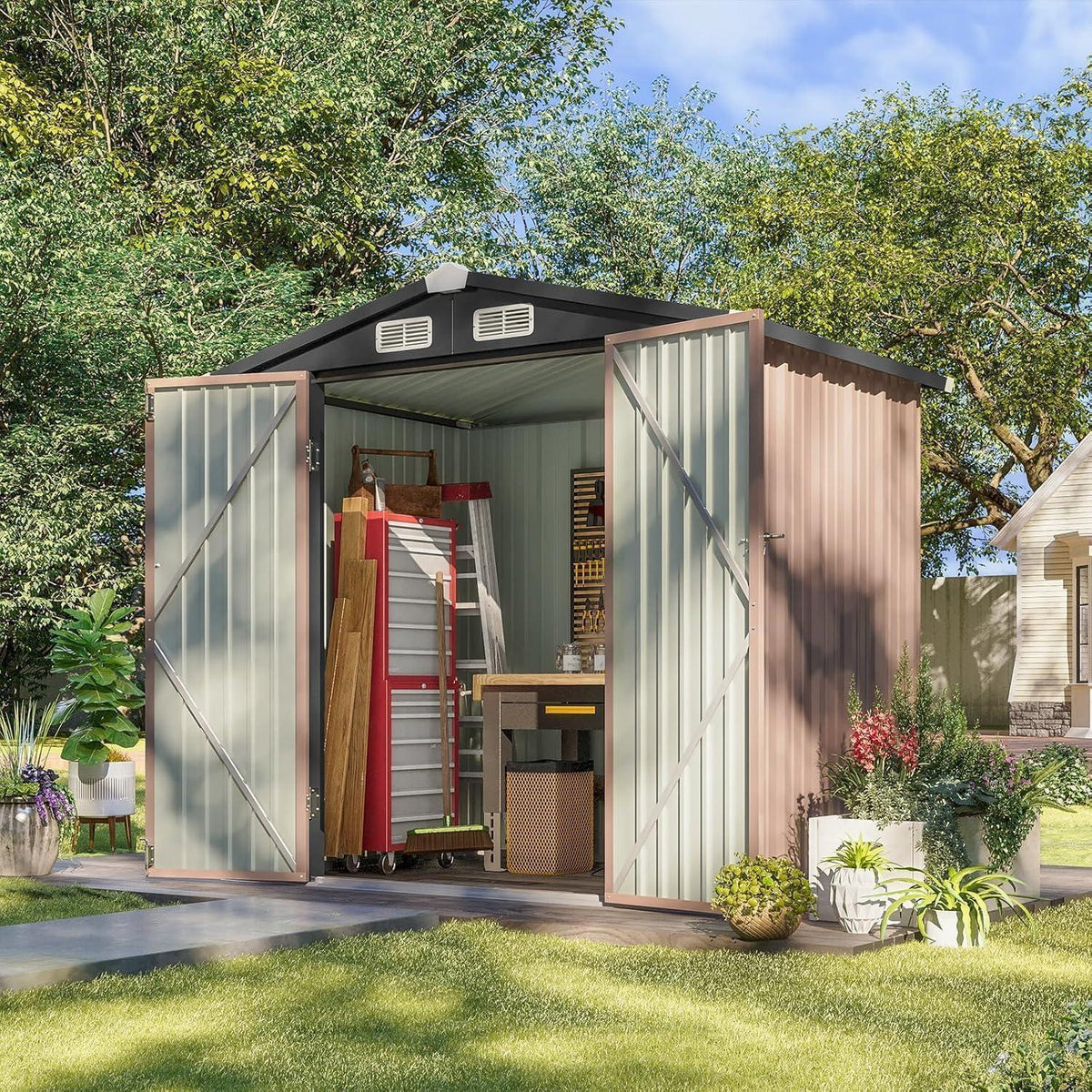 Metall Gerätehaus 200x188x123cm mit Fundamentrahmen Braun