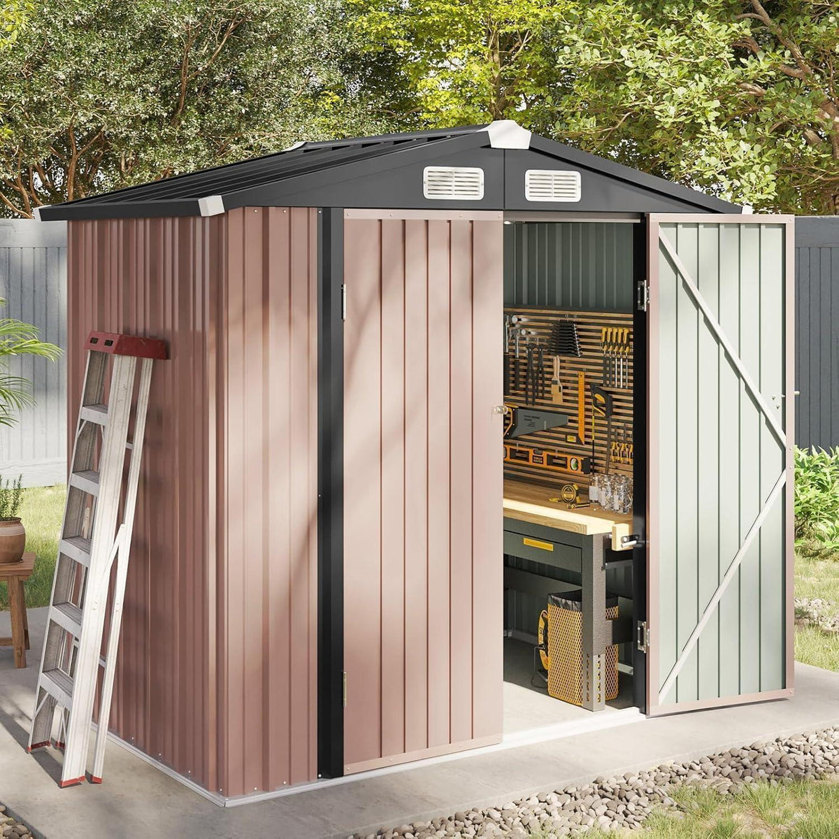 Metall Gerätehaus 200x188x123cm mit Fundamentrahmen Braun