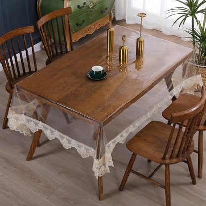 Abwischbare Tischdecke mit Spitzenrand, Khaki, 180x300 cm