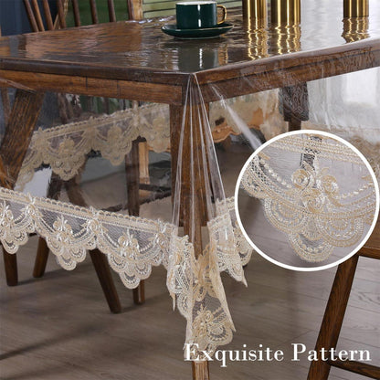 Abwischbare Tischdecke mit Spitzenrand, Khaki, 180x300 cm