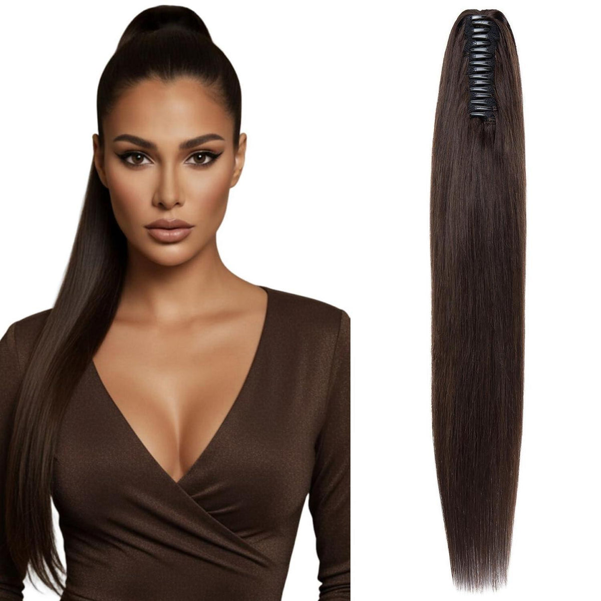Echthaar Pferdeschwanz Clip Extension Dunkel Braun 35cm