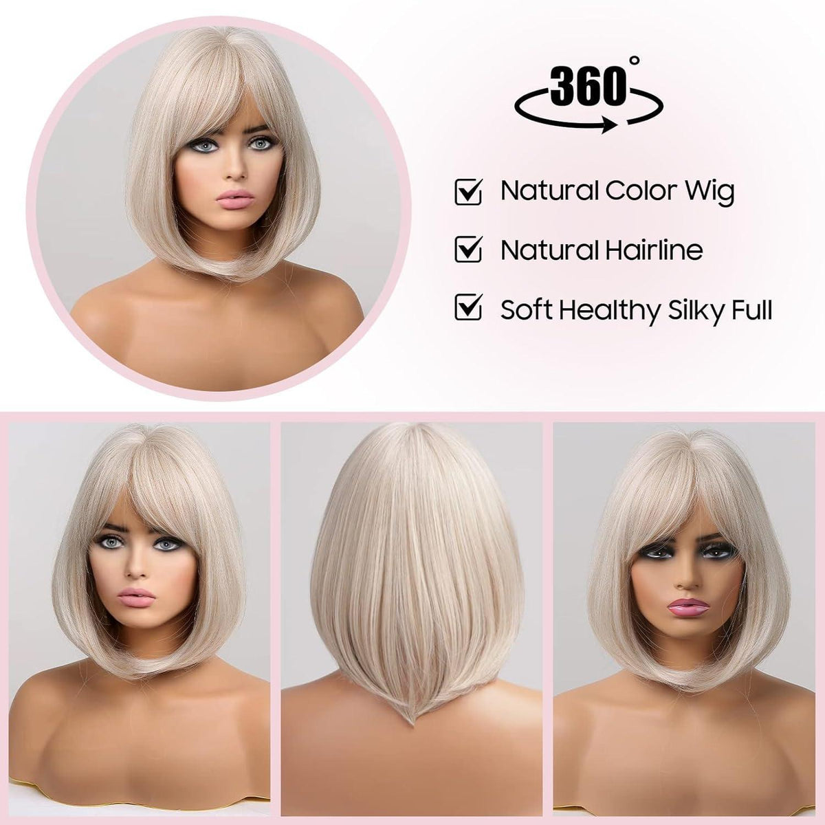 Bob Perücke mit Pony, Beige – Synthetische Damen Perücke