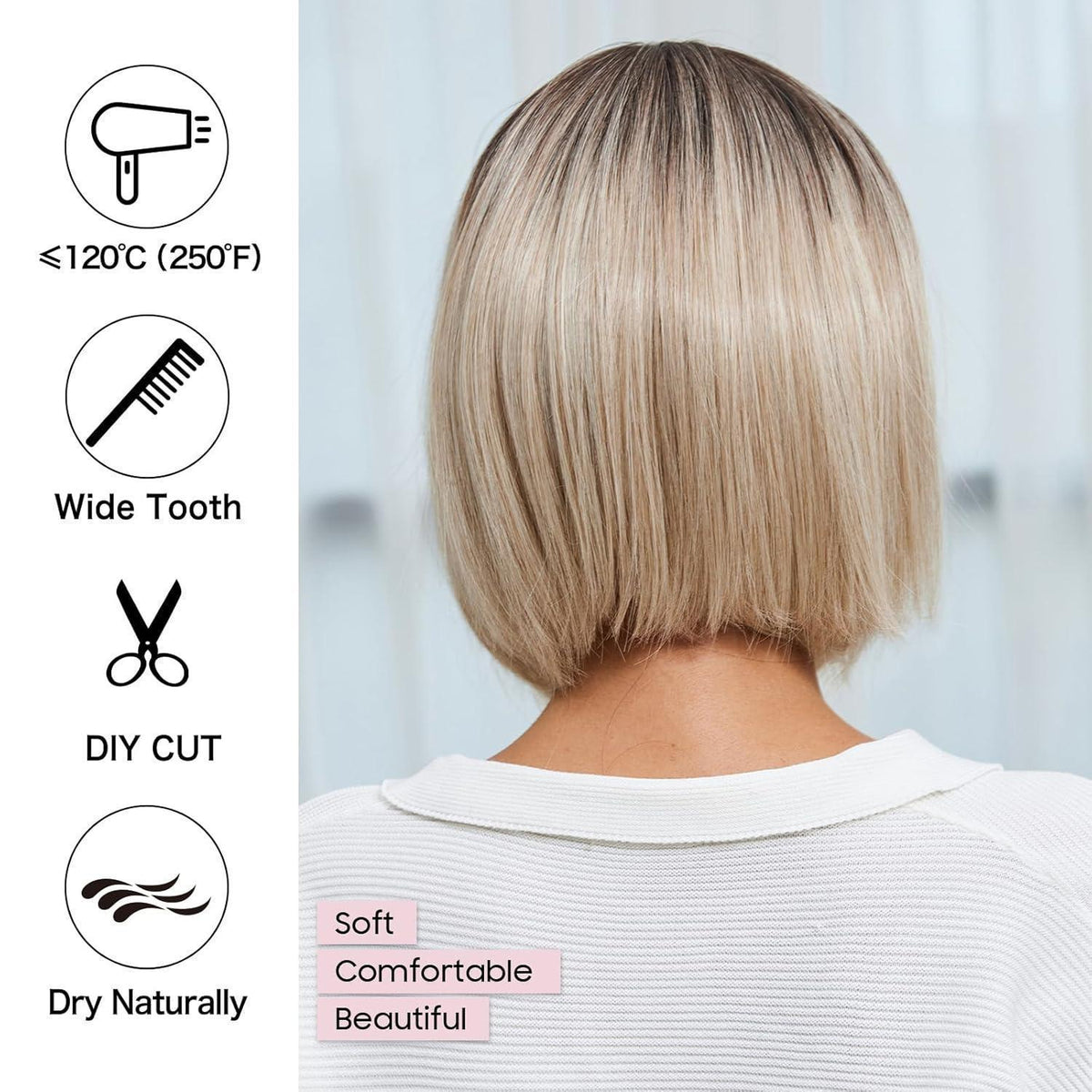 Bob Perücke mit Pony, Ascheblond Ombre, Synthetisch & Natürlich