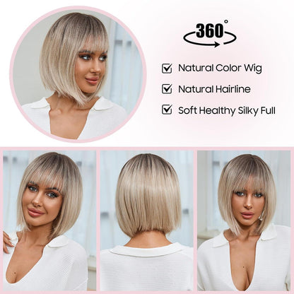 Bob Perücke mit Pony, Ascheblond Ombre, Synthetisch & Natürlich