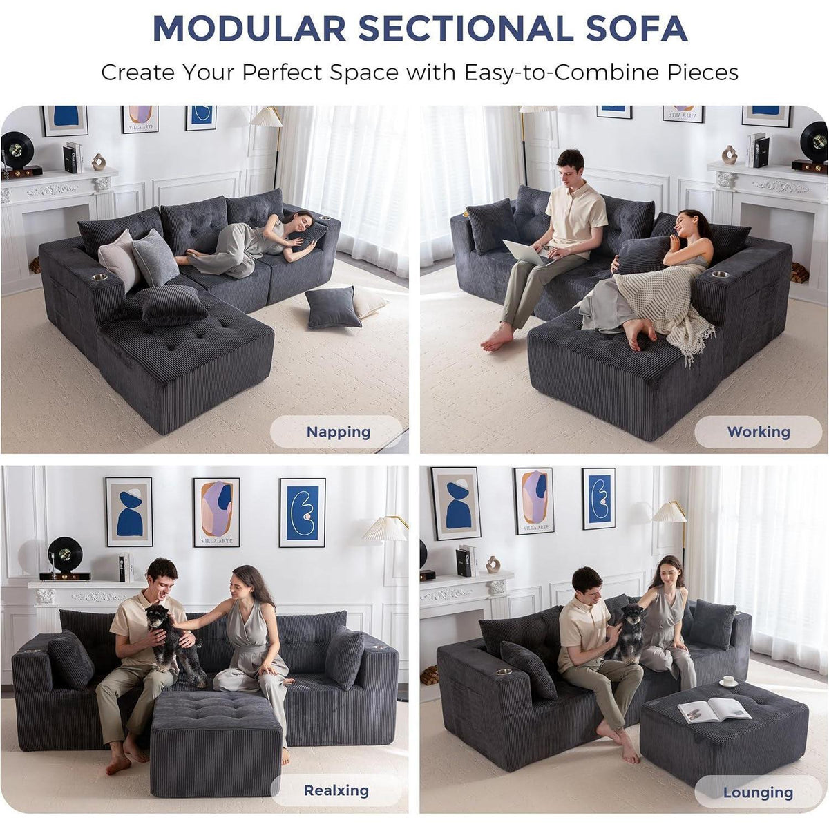 MAXYOYO Ecksofa Cord Stoff mit Getränkehaltern, Modular & Bequem